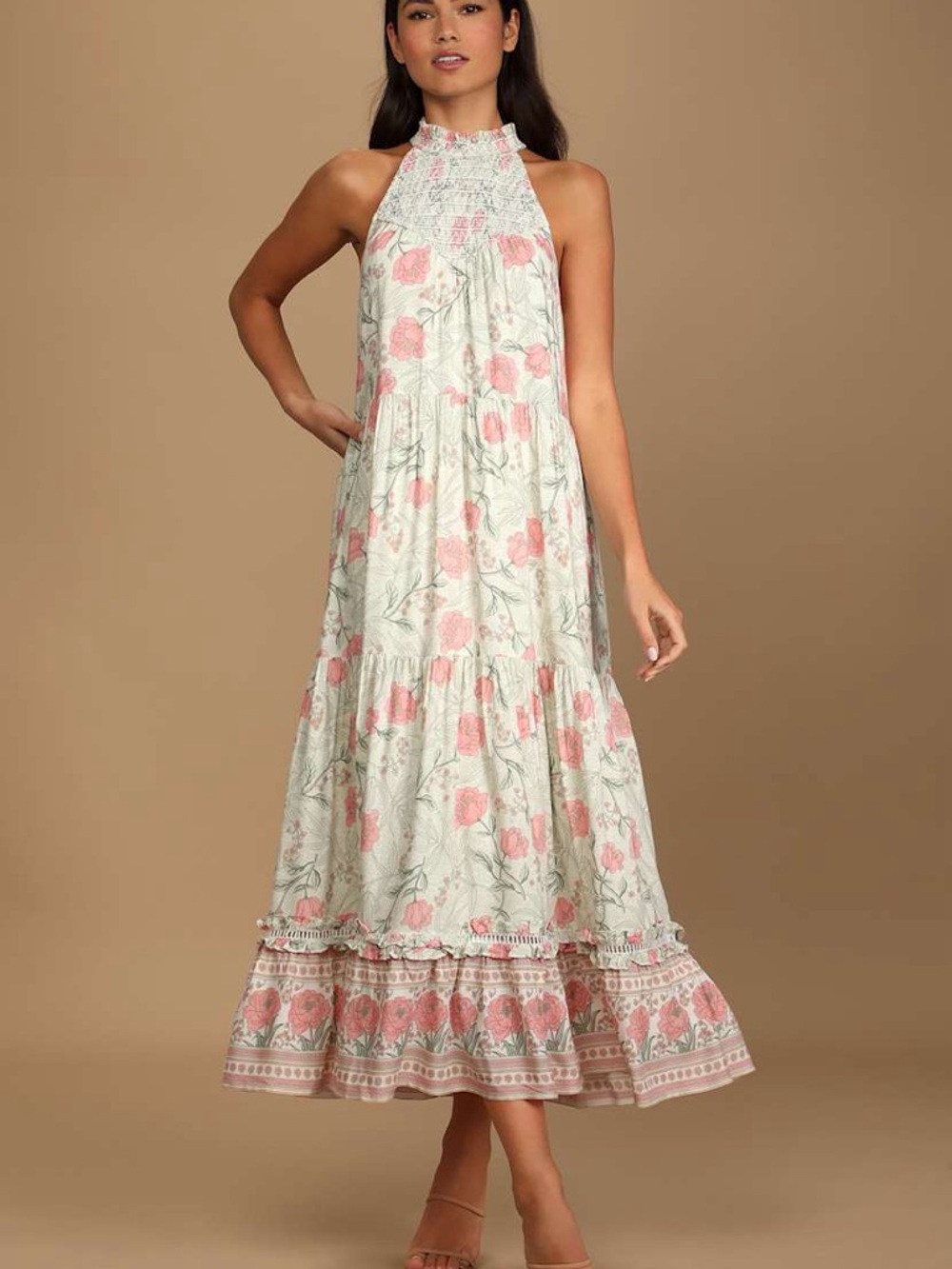 Lulu's Pink Floral Halter Maxi Dress on Cream Base